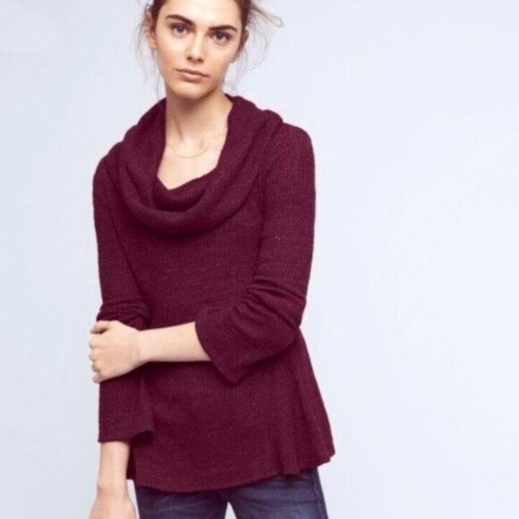 Anthropologie Maeve Burgundy Ribbed Cowl Neck Sweater - Picture 1 of 5